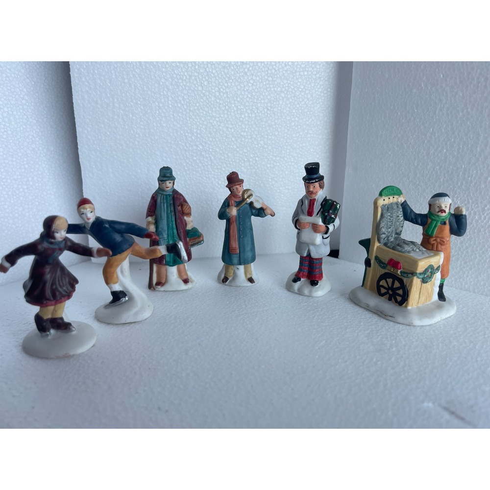 6pc Vintage Christmas Village Figurines Skaters Musician Fish Monger People Set